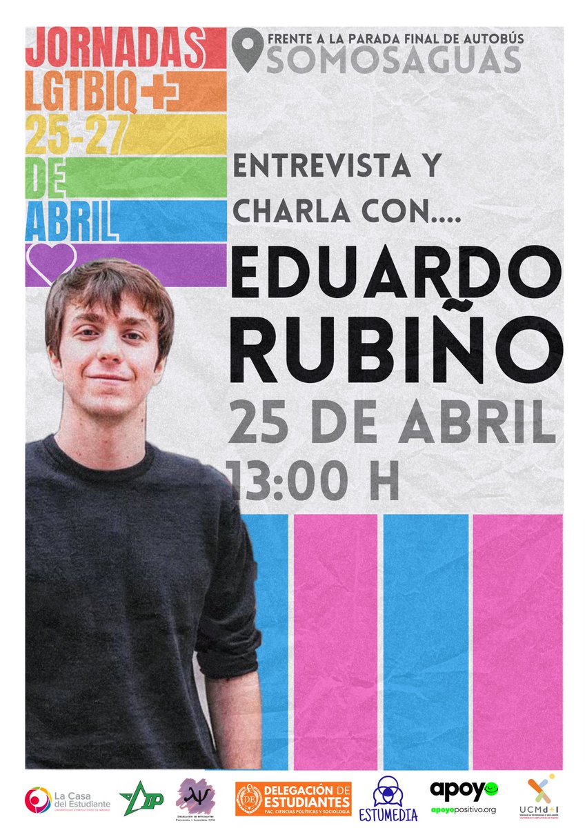 Junto con la delegación de Psicología, Estumedia, AIP y otros organismos hemos realizado estás Jornadas LGTBIQ+. Contaremos con la presencia de @badbixsamantha, <a href="/Santi__Rivero/">Santi Rivero 🏳️‍🌈🌹🏳️‍⚧️</a> y <a href="/EduardoFRub/">Eduardo Rubiño</a>. Además habrá varias actividades y juegos como MARISAGUAS Dates. Ven y participa!!!