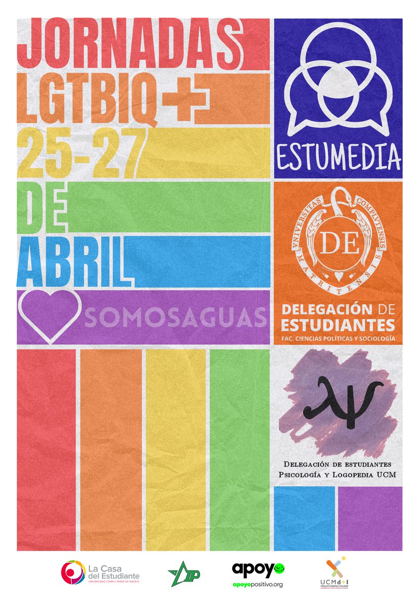 delposoc_ucm's tweet photo. Junto con la delegación de Psicología, Estumedia, AIP y otros organismos hemos realizado estás Jornadas LGTBIQ+. Contaremos con la presencia de @badbixsamantha, @Santi__Rivero y @EduardoFRub. Además habrá varias actividades y juegos como MARISAGUAS Dates. Ven y participa!!! https://t.co/kL3bjvzjYA