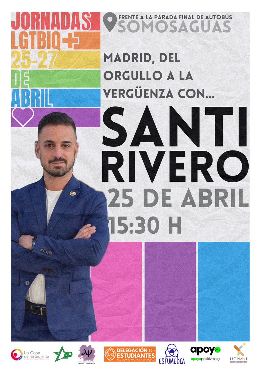 delposoc_ucm's tweet photo. Junto con la delegación de Psicología, Estumedia, AIP y otros organismos hemos realizado estás Jornadas LGTBIQ+. Contaremos con la presencia de @badbixsamantha, @Santi__Rivero y @EduardoFRub. Además habrá varias actividades y juegos como MARISAGUAS Dates. Ven y participa!!! https://t.co/kL3bjvzjYA