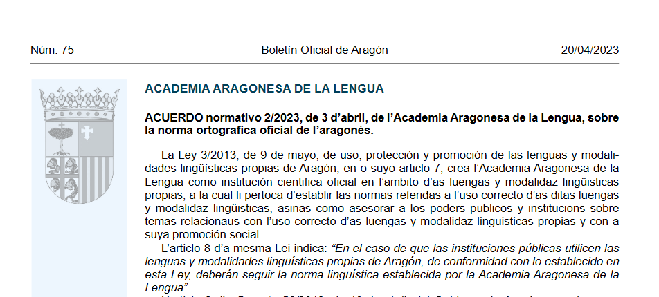 jorge_pueyo95's tweet photo. 🔴20 d'abril de 2023 | Día historico pa las llenguas d'Aragón y peninsulars: El Boletín Oficial d'Aragón publlica, en aragonés, la ortografía oficial de l'aragonés.

Con el treballo de toz hem sembrau la simient pa un futuro aón poder vivir en dignidat e igualdat de dreitos. https://t.co/JdXmvoU2Yp