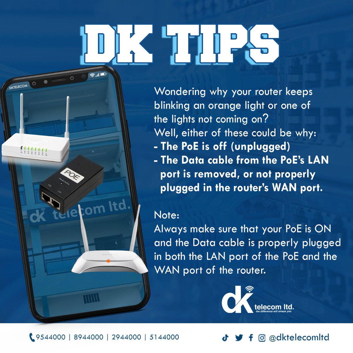 DKtelecomLtd's tweet photo. Its almost Eid and you do not want to be struggling with connectivity. One of the reasons your connection might be slow is because your router is not properly connected.
Here are some #DKTips to help!
#DKTelecom #Gambia #ISP #InternetForAll https://t.co/PBL4pQCvrB