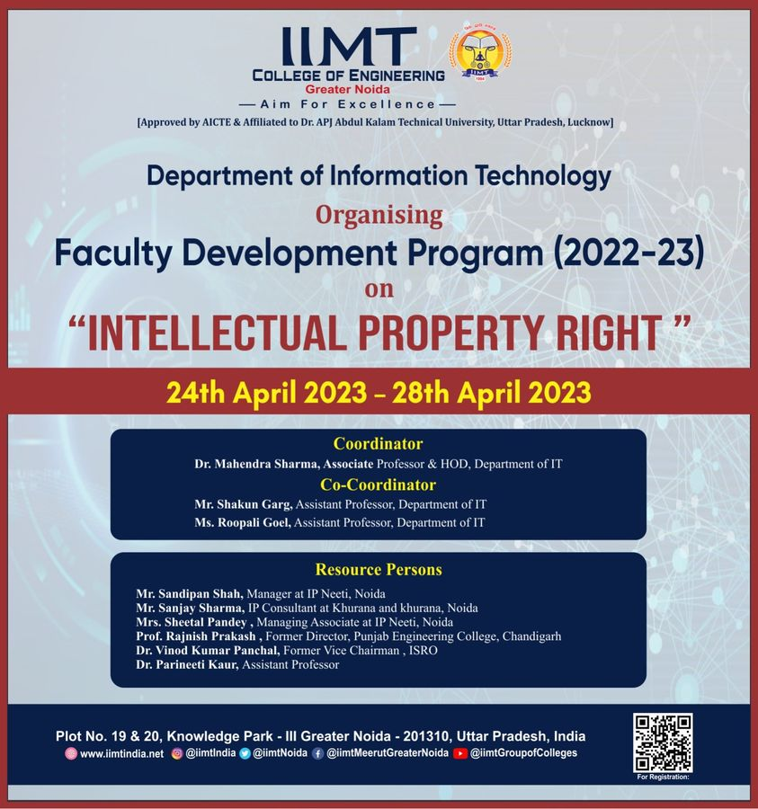 iimtnoida's tweet photo. Department of Information Technology Organizing Faculty Development Program (2022-23) on "INTELLECTUAL PROPERTY RIGHT " on 24th April 2023 to 28th April 2023.
https://t.co/UOh7RIbr6l
Call Us: 9520886860
#FDP #intellectualpropertyright #IIMTIndia #IIMTian #IIMTNoida https://t.co/MJquJ5SBsw