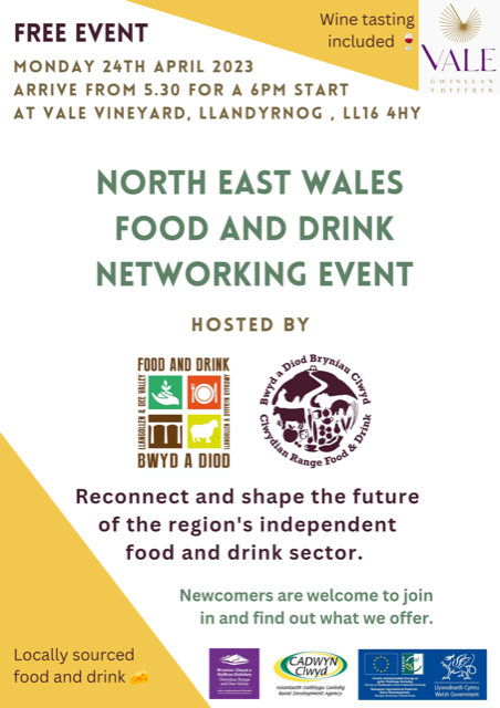 📣North East Wales Food And Drink Networking Event Monday 24 April, from 5:30pm 📍at Vale Vineyard - Gwinllan y Dyffryn, Llandyrnog. Follow the link to book your place! eventbrite.com/e/north-east-w… @TasteDeeValley