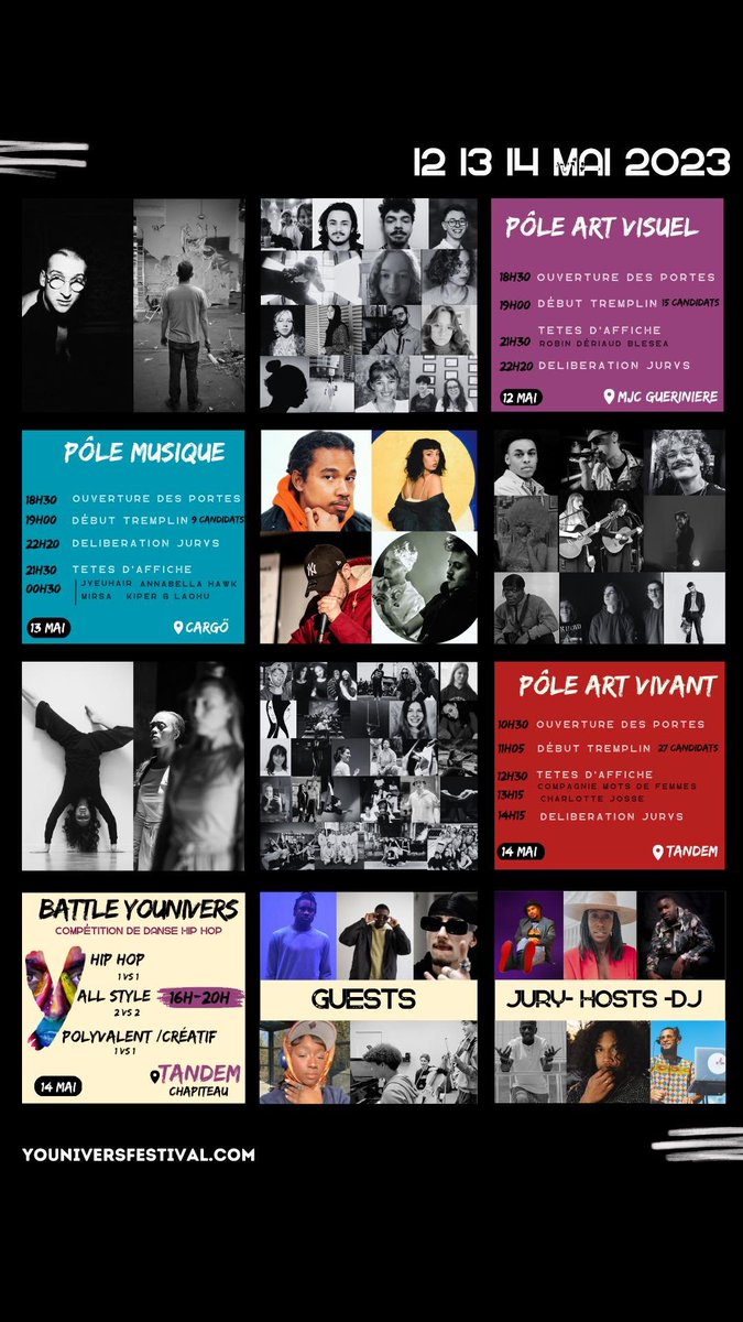 CaenOfficiel's tweet photo. 👩🎤📷🤸 La sélection pour le festival #Younivers est terminée ! Du 12 au 14/05, de jeunes talents du territoire, âgés de 15 à 25 ans, vont s'affronter et se révéler lors d'un show mêlant art visuel, musique et art vivant.
🔥 Gratuit, résa conseillée > https://t.co/7oeVAYYl67 #Caen https://t.co/l1Bl5tqjOZ