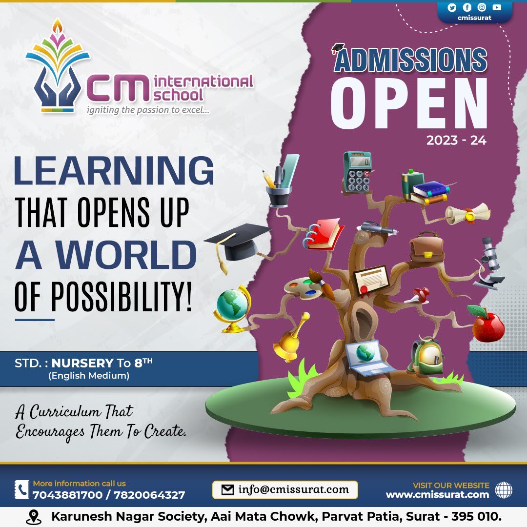 Learning that opens up a world of possibility! Admissions are open for the 2023-24 batch!

For Inquiry: +91 70434881700 / +91 7820064327

Follow Us: @cmissurat

#cminternationalschool #trend #follow #viral #twitter