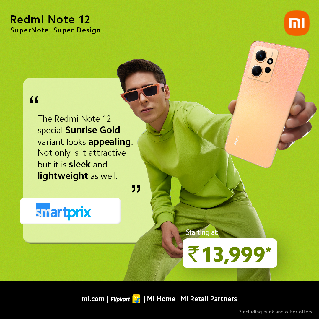 RedmiIndia's tweet image. The Sunrise Gold colour of #RedmiNote12 is definitely getting some attention. 

Here&apos;s what @Smartprix has to say about the #SuperNoteSuperDesign. 

Get yours now! 
bit.ly/RedmiNote12_Al…