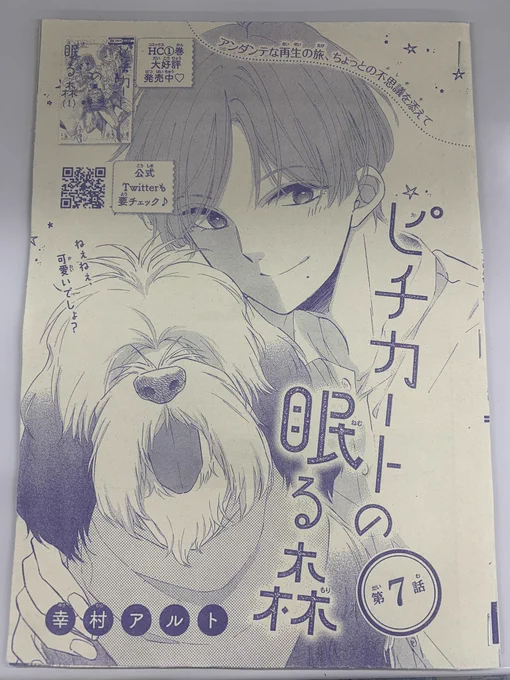 #ピチカートの眠る森 は7話が掲載中🐶
扉素敵すぎ……
イケメンとわんちゃんってなんでこんなに相乗効果凄いんですかね、空気が清らか🍃

そして今日も妖精たちは可愛いです。
無限にお菓子あげちゃいたいっ🍪🍭
表紙&amp;色紙プレゼントにも参加中🎁

幸村さんのアナログイラストやっぱり好き〜〜〜😭✨ 