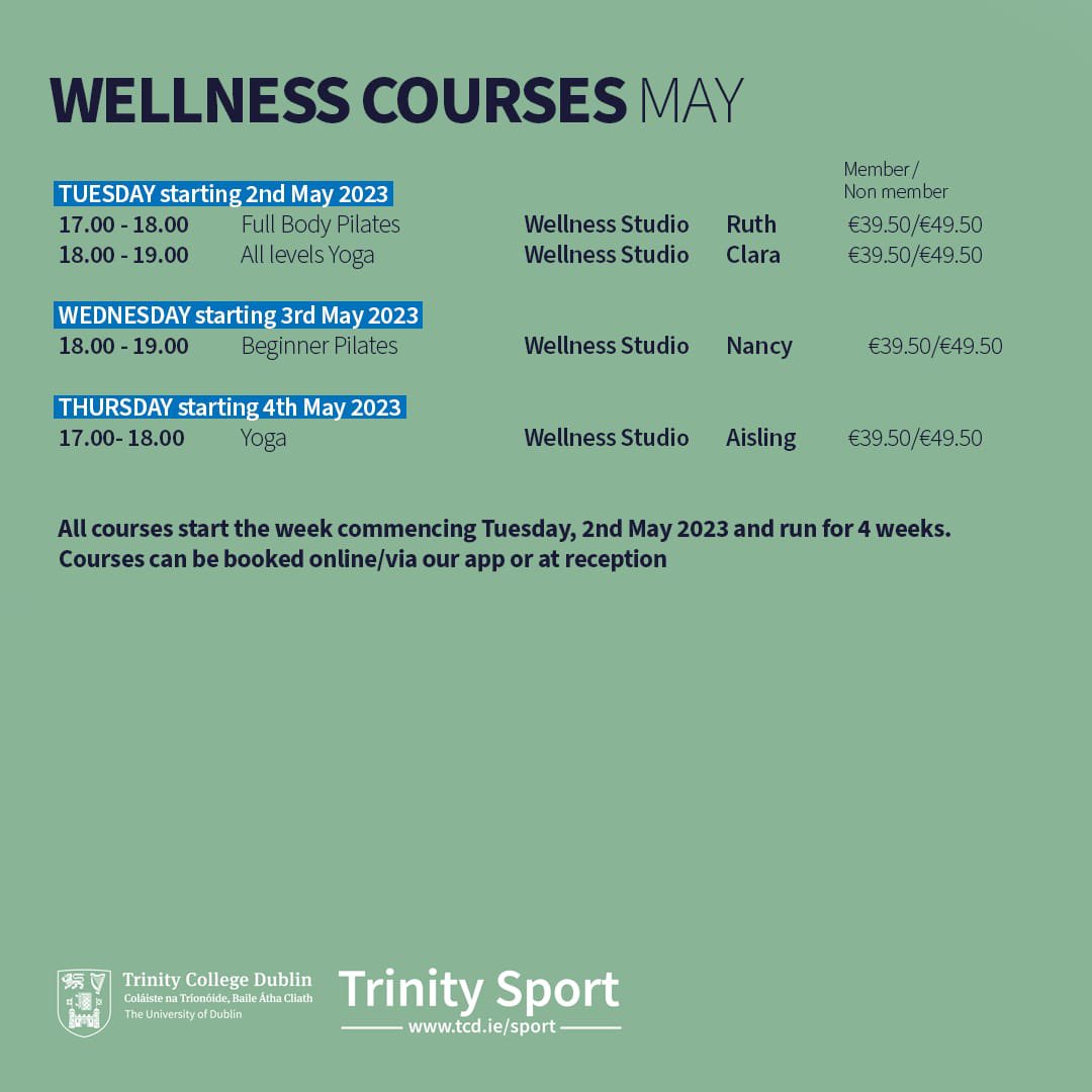 tcdsports's tweet image. MAY your #wellness journey start here🧘🏽‍♀️🧘🏼 book a #wellnesscourse with us this May 💙 starting Tues, 2nd May for only €39.50 for members / €49.50 for non members

Book in by calling reception on 01 896 1812, via the Trinity Sport app or login into our online booking 

#Yoga