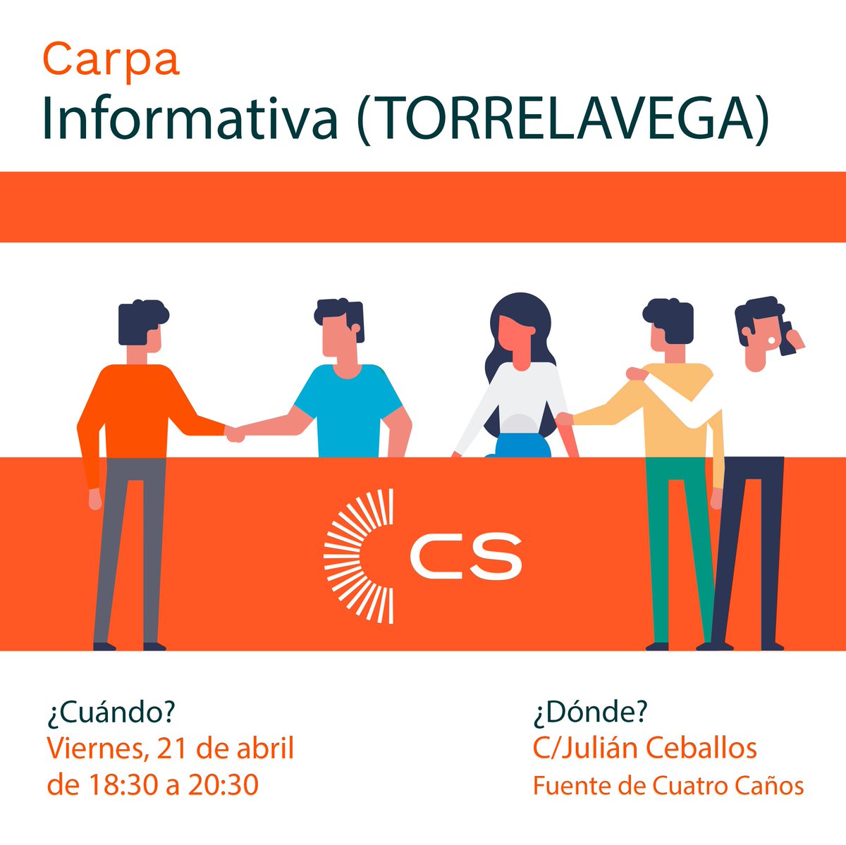 🍊 Mañana, desde <a href="/CsTorrelavega/">CsTorrelavega</a> realizaremos una carpa informativa en la Calle Julián Ceballos, en la Fuente de Cuatro Caños.

💪 ¡Acompáñanos! Desde las 18:30 a las 20:30.