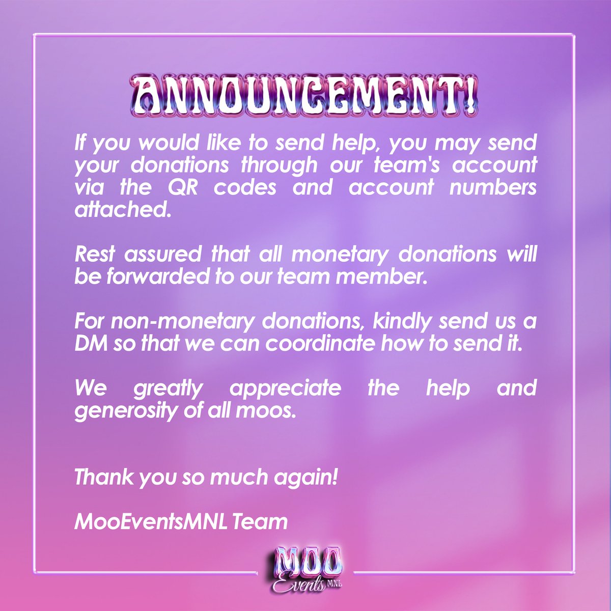 MooEventsMNL's tweet photo. ✨CALL FOR HELP AND DONATIONS ✨
→ Kindly RT or share

Thank you so much, moomooshins! https://t.co/exLbmnqHsP