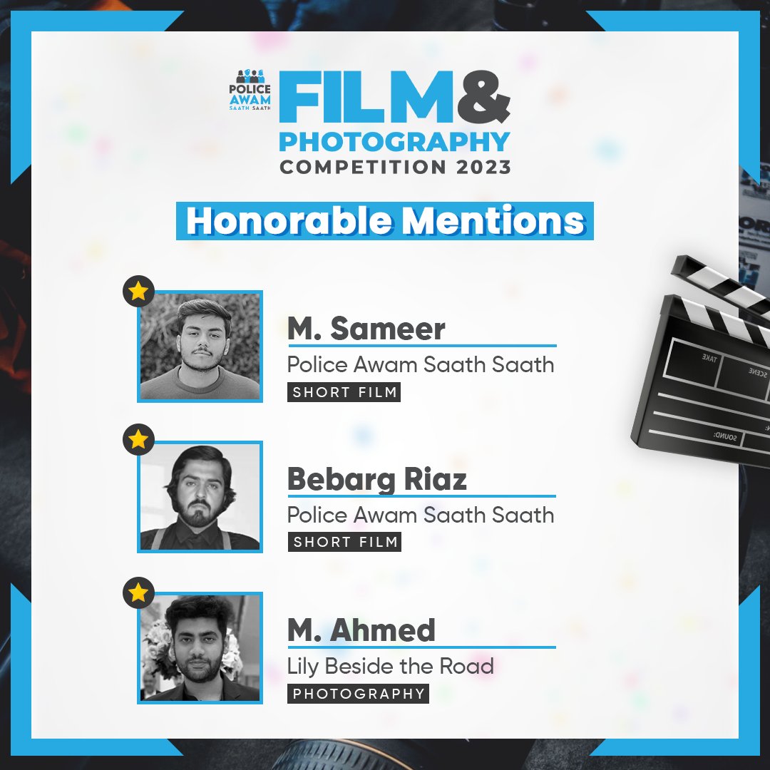 PasbanAwam's tweet photo. Drumroll, please! 🥁 We are thrilled to announce the Honorable Mentions for the PASS Film & Photography Competition 2023 🎉 These talented nominees have blown us away with their exceptional work that deserves some special recognition:
#Competition #PoliceAwam #Pakistan https://t.co/s1pwEXkZtZ