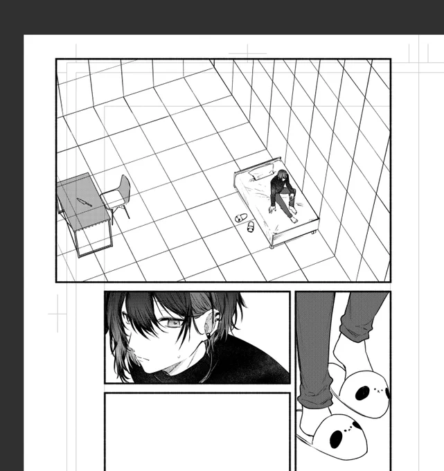 壁のパースに合わせて格子柄の画像を貼るのがうまくできなかったので全部手描きすることになった背景 
