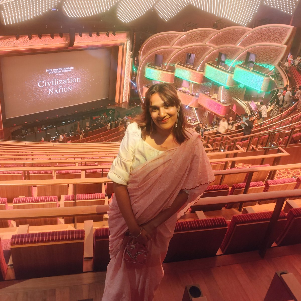 KiRu_india's tweet photo. Ru got to visit the NMACC for "The Great Indian musical" and was sure to rep KiRu. For a hot summers day, there is nothing better than a comfortable mul mul hand block printed, baby pink saree.  Can you tell she loves Barbie? https://t.co/CFIbQ41dMf