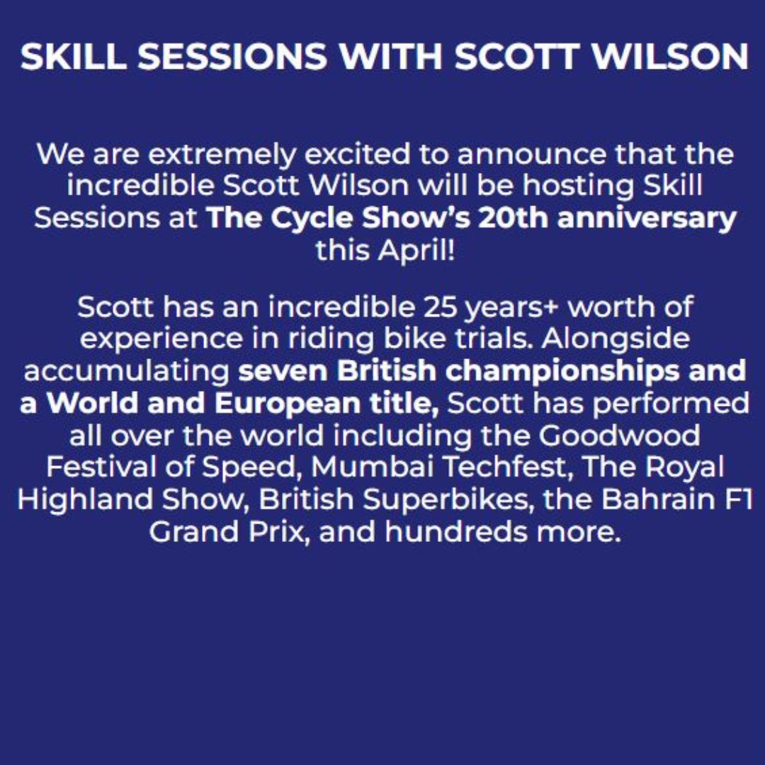 This weekend, Cyclopark coach & trials bike extraordinaire, @scottwilson54 will be attending the 20th anniversary of @CycleShow! Catch him at this prestigious event performing sessions live from Friday to Sunday