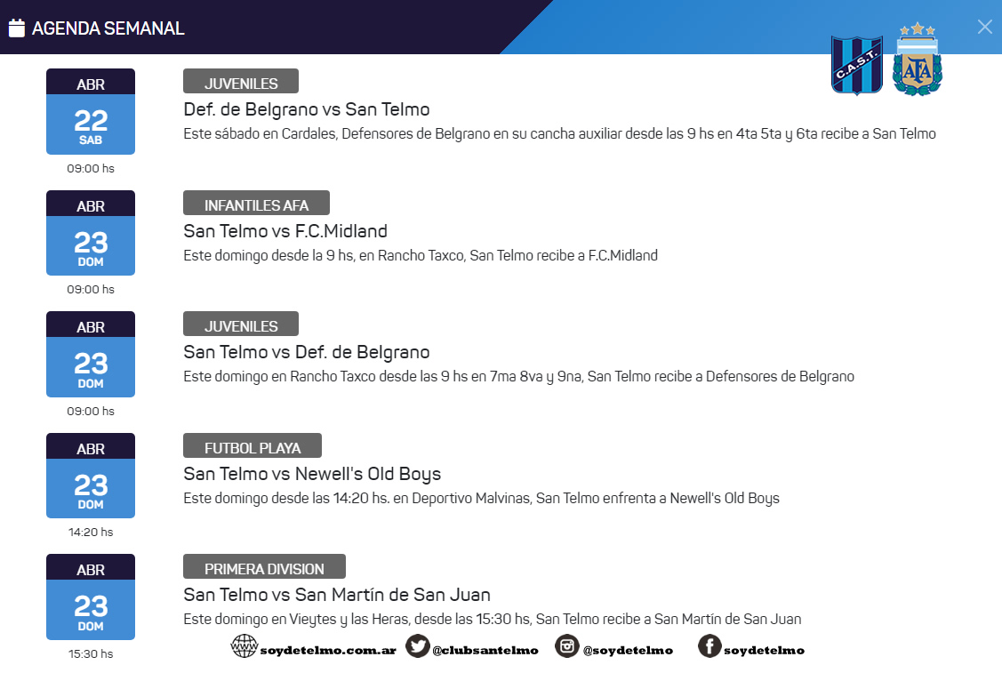 clubsantelmo's tweet photo. 🗓️ #Agenda #Candombera #AFA
Todo el fútbol de AFA que se juega este fin de semana https://t.co/HH4NTLnn34