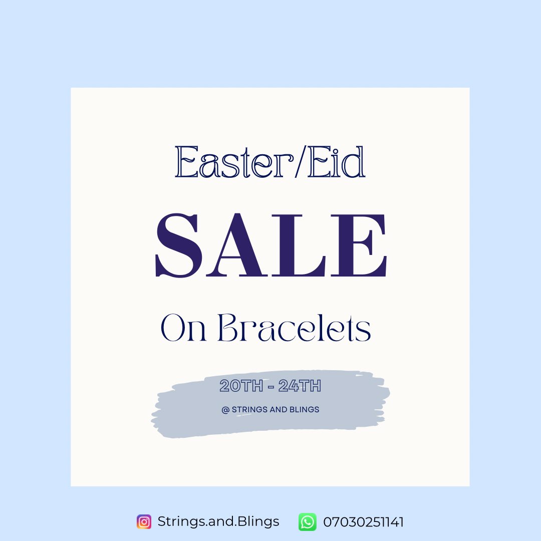 Our Easter/Eid sale is finally here🥳

Shop beautiful bracelets for lesser & items on sale include our new collection🤭

Sales starts today-24th

Tag 3 people you feel need to see this😁

#stringsandblings #bracelet #beadedbracelet #mensbracelet #giftidea #wristbead #Eidgift #Eid
