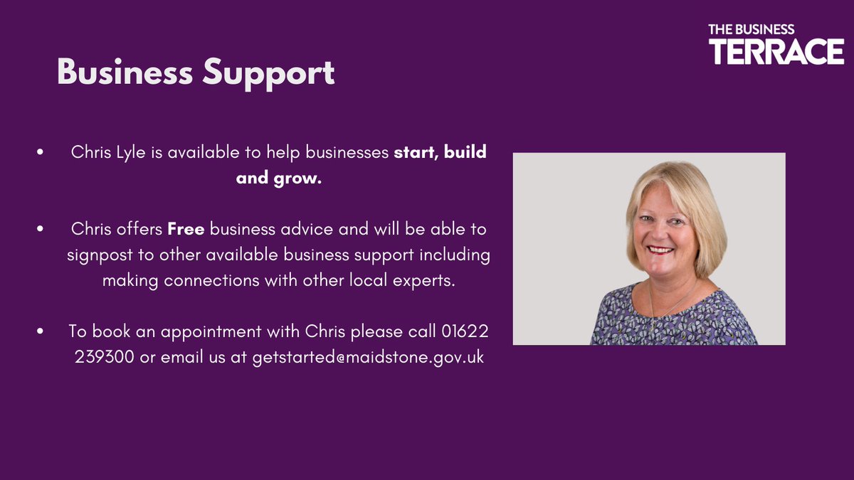 BizInMaidstone's tweet photo. 📣Calling all #localbusiness in Maidstone 

Free business advice is always available at the Business Terrace 

Our on-site business advisor Chris Lyle is on hand to help support and guide businesses. Get in touch to find out more ☎️✉️

@ldbgroup  @Chrisglyle21 https://t.co/DZisV8MwJw