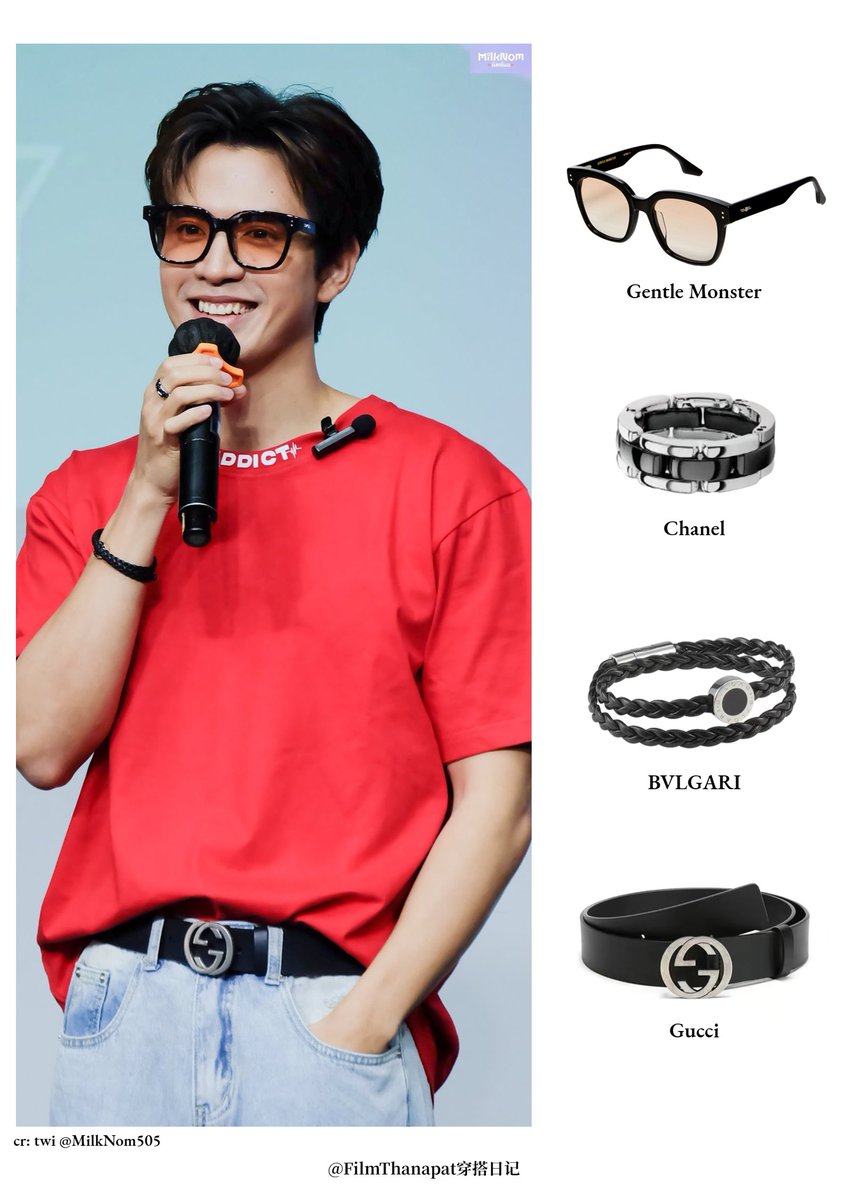 FilmStyle_ootd's tweet photo. 20230420 | Film HBD
T-shirt/T恤：Addict
Jeans/牛仔裤：usstyle
Sunglasses/墨镜：Gentle Monster
Ring/戒指：Chanel
Bracelet/手链：BVLGARI
Belt/腰带：GUCCI
@film_tnp20 
#HappyFilmsDay2023 
#FilmThanapat 
#ฟิล์มธนภัทร https://t.co/tBGpQd59R8