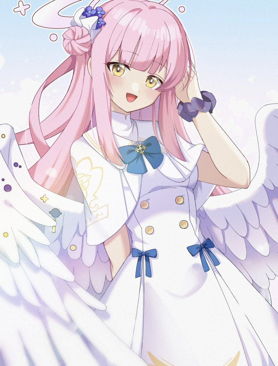 mika (blue archive) 1girl pink hair solo wings halo yellow eyes wrist scrunchie  illustration images