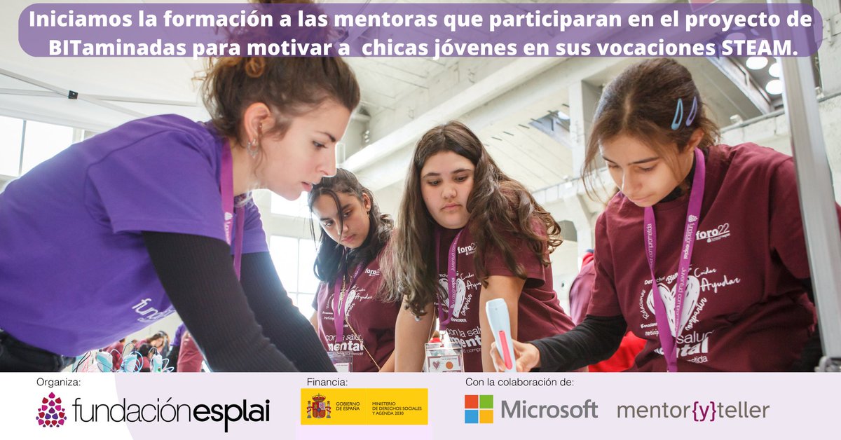 fundacionesplai's tweet photo. Iniciamos la formación a las #mentoras que participaran en el proyecto #BITaminadas para motivar voluntariamente a chicas jóvenes en sus vocaciones #STEAM #ChicasInTech
Con apoyo: @MicrosoftES @HPEspana #AlianzaSTEAM Mentor{y}teller
Financiado @MSocialGob
https://t.co/MvYYsQ675N https://t.co/rQux4LYBQD