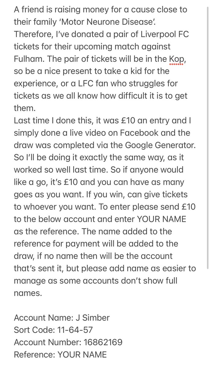 JYates1892's tweet photo. I’m doing a raffle for tickets for the Liverpool FC vs Fulham game, this is to raise money for ‘MNDA Merseyside’. Please read the post and share! Thanks 😊 https://t.co/NWXkJ3WFM9
