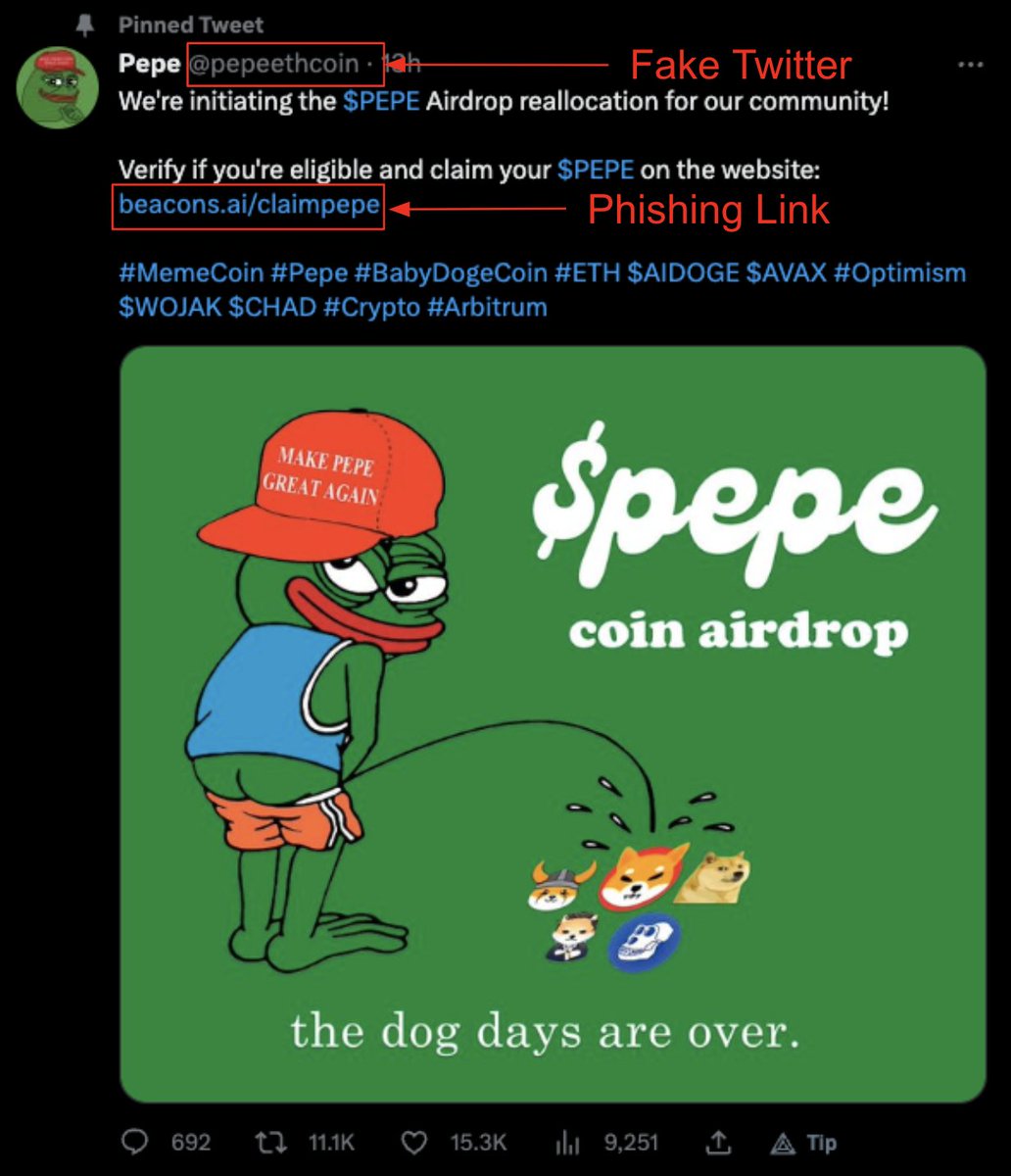 CertiKSkynetAlert 🚨 Beware of a fake Pepe Coin Twitter account promoting a  phishing site. Do not interact with hxxps://claimpepe.wtf/. Site connects  to 0x089…ADF2F which is a wallet drainer contract. Stay vigilant!