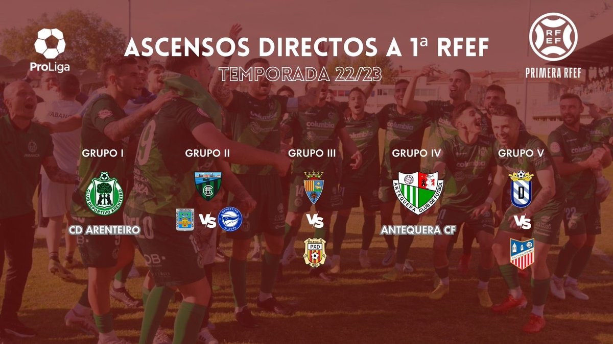 🏆 Ascenso 1ª Federación |  

La #PrimeraFederación ya tiene adjudicadas 2 de las 10 plazas de ascenso de la temporada 22/23.

 👏🏻 Enhorabuena <a href="/CD_Arenteiro/">CD Arenteiro</a> y <a href="/AntequeraCF/">Antequera C. F.</a> 👏🏻

Aún en juego 12 puntos para decidir los campeones de los Gº II, III y V. 

#SegundaFederación