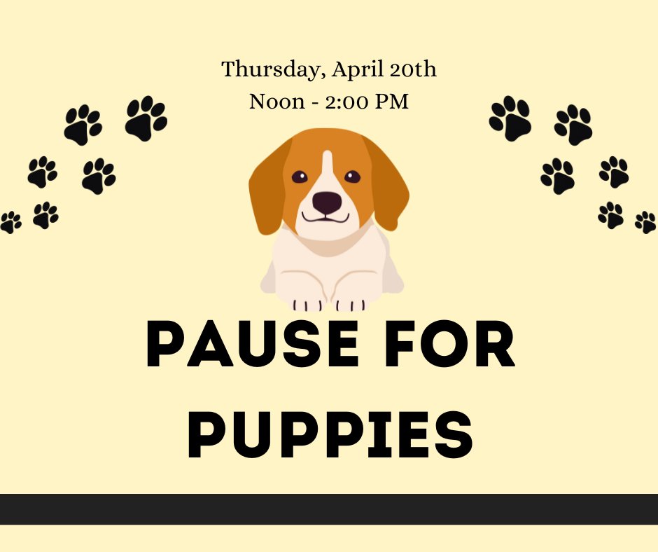 OULibraries's tweet image. Stressed from finals? Take a break at our Pause for Puppies event! Join us April 20th from Noon to 2:00 PM.