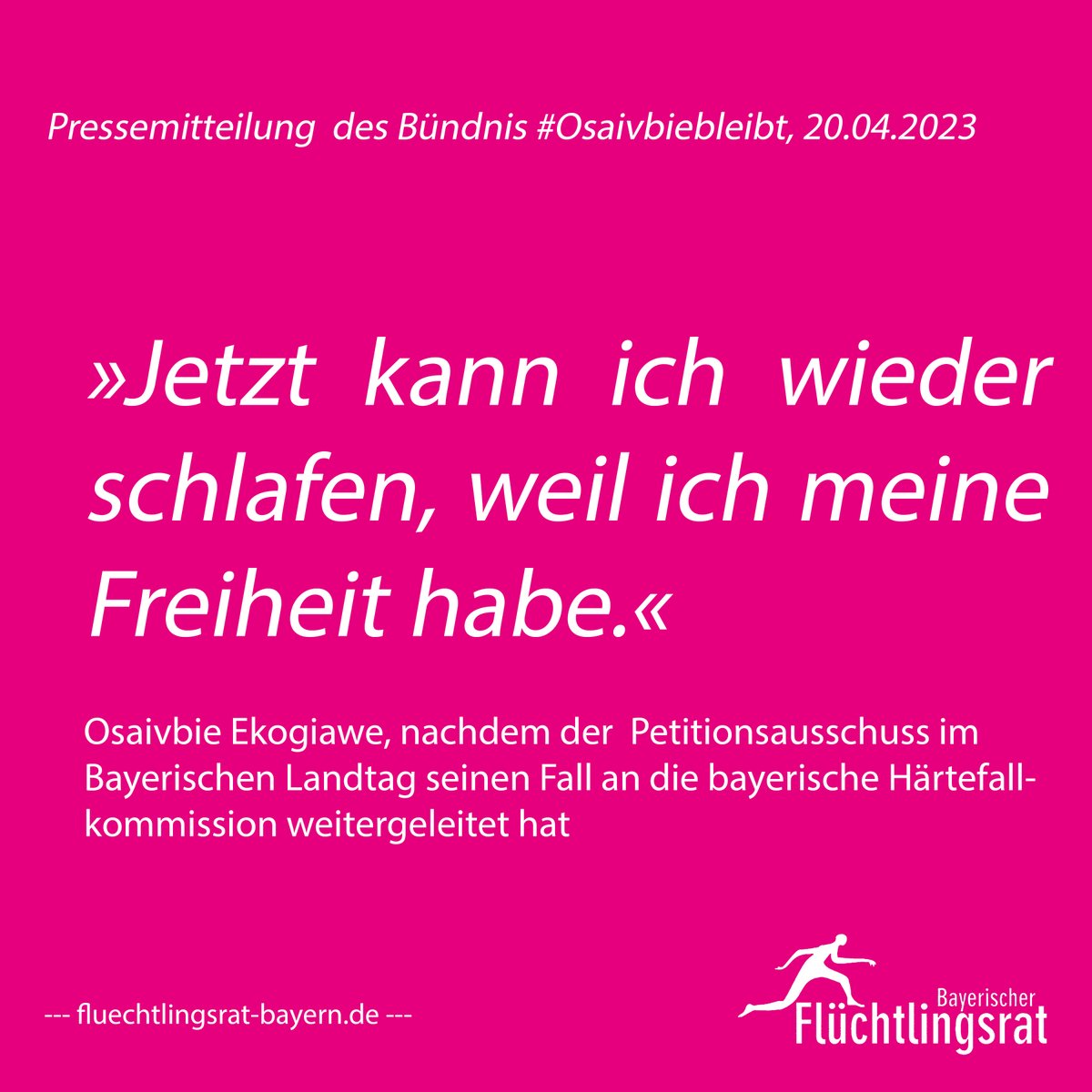 OSAIVBIE BLEIBT
Positive Nachrichten nach langer Zeit der Ungewissheit: Petitionsausschuss im Bayerischen Landtag leitet den Fall von Osaivbie Ekogiawe an die bayerische Härtefallkommission weiter. Die ganze PM des Bündnis #Osaivbiebleibt gibt es hier: 
fluechtlingsrat-bayern.de/osaivbie-bleib…