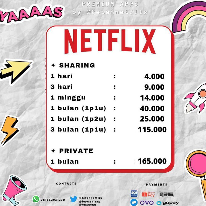 🚀READY LANGSUNG KIRIM🚀

🎉JUAL NETFLIX PREMIUM LEGAL🎉
★‌ sharing
3 hari: 9k
1 minggu: 14K
1 bulan (1p2u): 25K
1 bulan (1p1u): 40K
3 bulan (1p1u): 115K

★ private
1 bulan: 165K

✅legal 100% &amp; NO VPN
✅support all device
✅full garansi

💌 order sm <a href="/tetehnetflix/">sohee • jual netflix premium UHD 4K sebulan !</a>! ♡ #zonauang