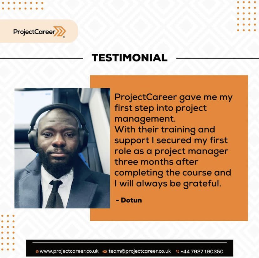 ProjectCareerUK's tweet photo. #ProjectCareerSuccessStory.
Meet Dotun who secured his first project management role three months after completing our project management course.
#FoxNews #420day #moonbin #Happy420 #Bayern #projectmagement #onlinelearning #TechIsHiring #tech #womenintech #menintech https://t.co/dgJLZJvMu6