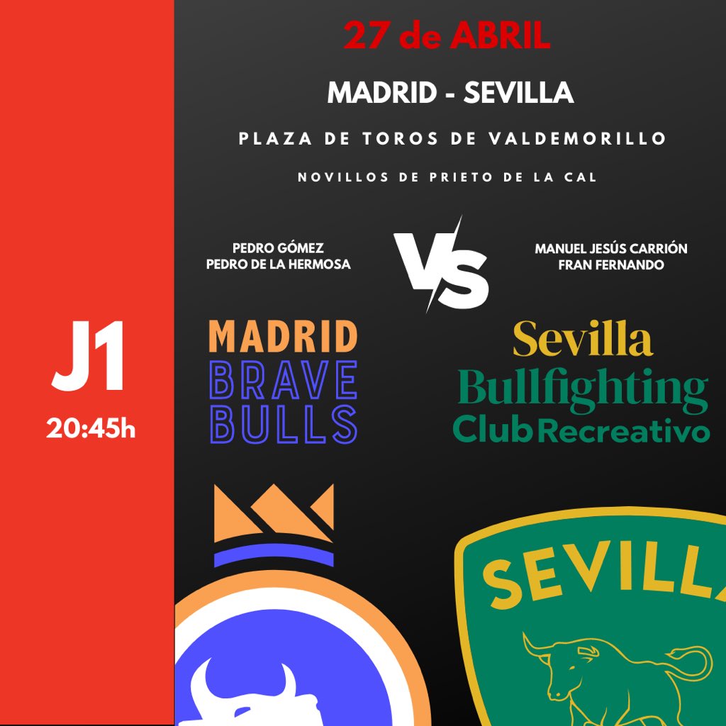 JORNADA 1 de “ligaToros” 🔥

27 de ABRIL.

MADRID - SEVILLA.

PLAZA DE TOROS DE VALDEMORILLO.

20:45H

NOVILLOS DE PRIETO DE LA CAL.

PEDRO GÓMEZ (E.T. Yiyo) Y PEDRO HERMOSA (E.T. Guadalajara)

VS

JESÚS CARRIÓN (E.T. Algaba) Y FRAN FERNANDO (E.T. Mar de Nubes)

¡VEN A