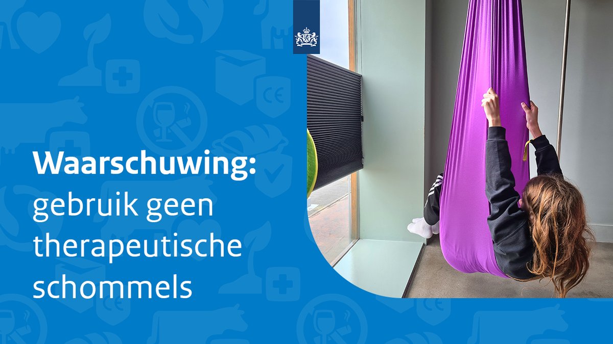Therapeutische schommels leveren een ernstig risico op voor verwurging. Dit blijkt uit onderzoek van de NVWA. Het gaat om schommels van een doek die in een lus wordt opgehangen. Hierin kan een kind schommelen. We adviseren deze schommels niet meer te gebruiken. #Productveiligheid