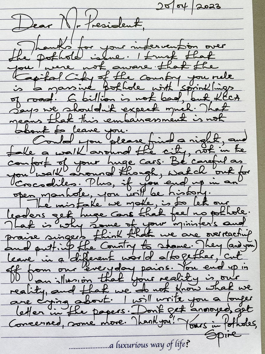 SpireJim's tweet photo. Letter to the President #KampalaPotholeExhibition https://t.co/TJjtgQ7V8S