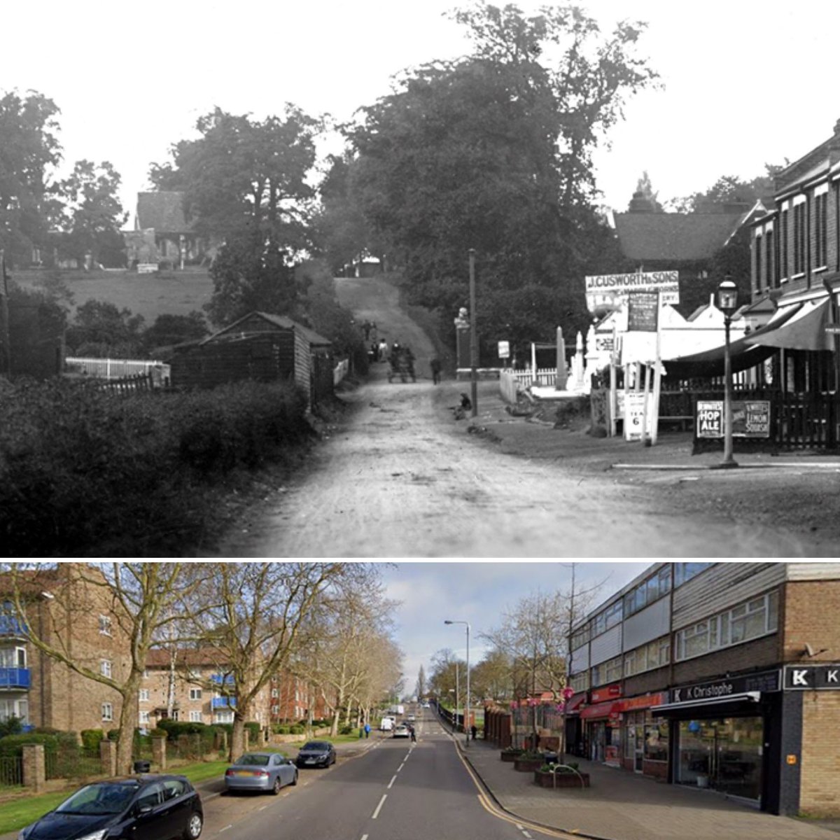 ChingfordHist's tweet image. Looking up Old Church Road, Chingford, c1910. The hill up to All Saints (Old Church) was formally known as Big Church Hill. You can just see the collapsed nave of the church that occurred in 1904 due to neglect. The road was widened in the 1930s during redevelopment of the area.