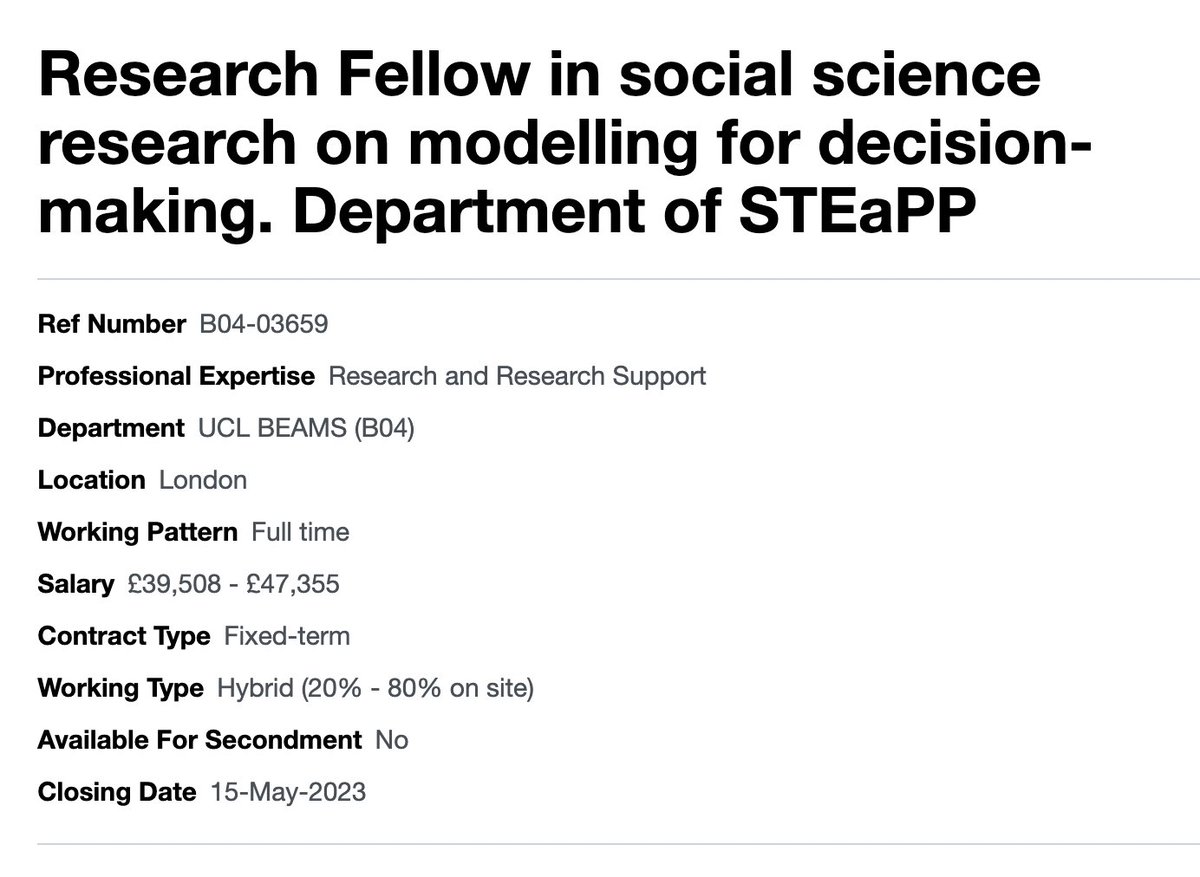 📢Want to work with me to explore how models are used in decision-making? #Postdoc #postdocjobs opportunity @uclsteapp for a researcher from #socialscience or #interdisciplinary background.  Exciting area with lots of flexibility to follow your interest/expertise. 15 May #UKRIFLF