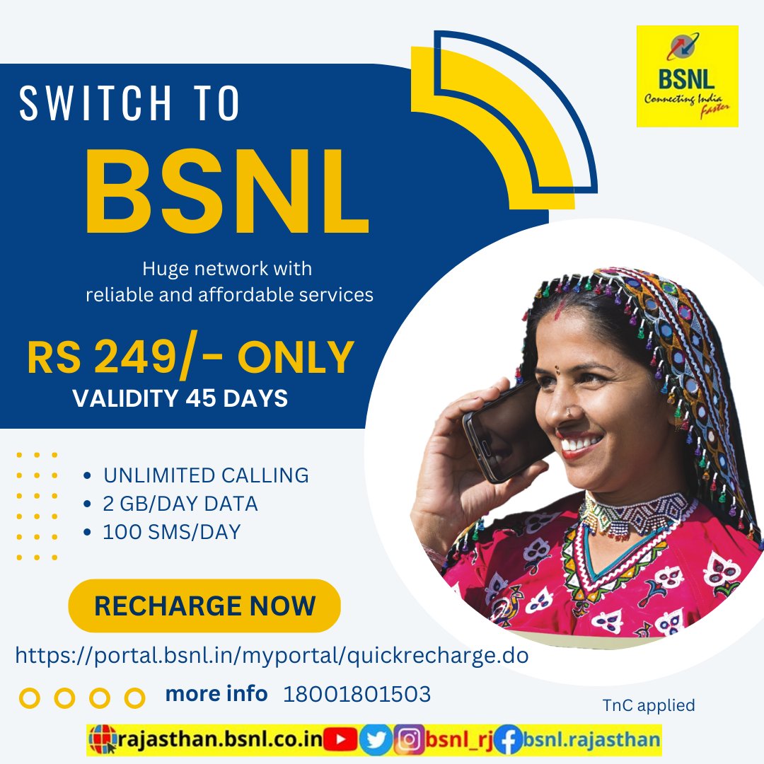 BSNL_RJ's tweet photo. #SwitchToBSNL with #BSNL #FRC249 (An entry voucher) Enjoy #UnlimitedCalling, 2GB/Day data and 100 SMS/Day for 45 days. #RechargeOnline today:- https://t.co/tR0ukBoJoC… #BSNLRecharge #AffordableRecharge https://t.co/rBzBlo2Exg