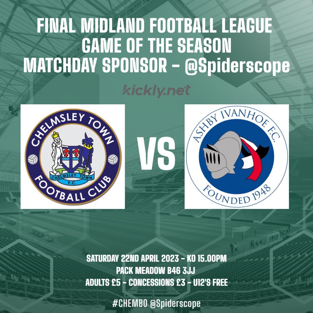 chelmsleytown's tweet photo. Saturday is our final game of the season at home against play off contenders @AshbyIvanhoe_FC 

Please come and support what has been a fantastic season for this squad of players.

Massive thanks to our match day sponsors @Spiderscope 👏🏼 https://t.co/83JFVuQ6Gv