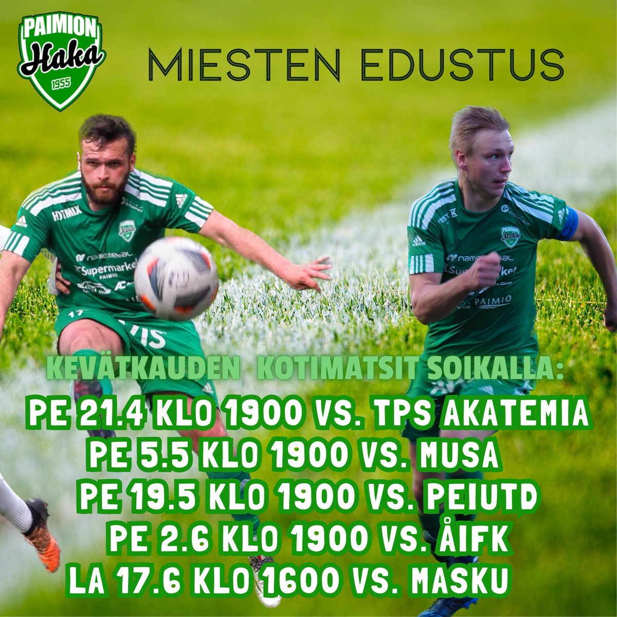 PaiHan kotipelit Länsi-Suomen kolmosessa saadaan käyntiin huomenna! Kevätkierroksella Soikalla on tarjolla viisi kovaa kotimatsia!

Hyviä etuja sisältävän kausikortin voit ostaa ottelutapahtumista, joukkueen pelaajilta, sekä Sportia Santalasta ja Ravintola Poimarista! Tervetuloa!