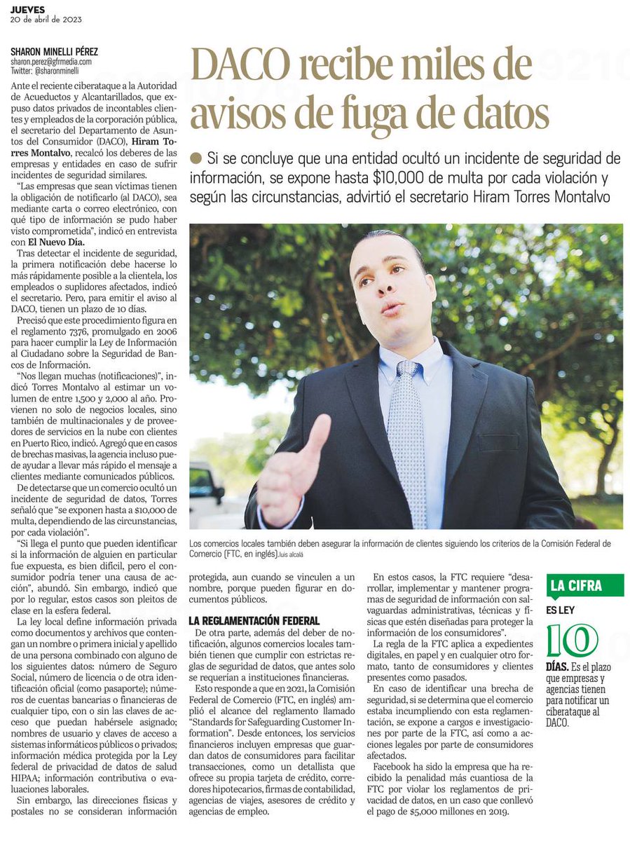 dacoatufavor's tweet photo. En @dacoatufavor recibimos entre 1,500 a 2,000 notificaciones anuales de fuga de datos no tan solo a nivel local, sino también de empresas en los Estados Unidos. Es importante que estas empresas nos notifiquen dentro de los primeros 10 días de ocurrido el evento. #DACoInforma https://t.co/8dlyVaKUTm