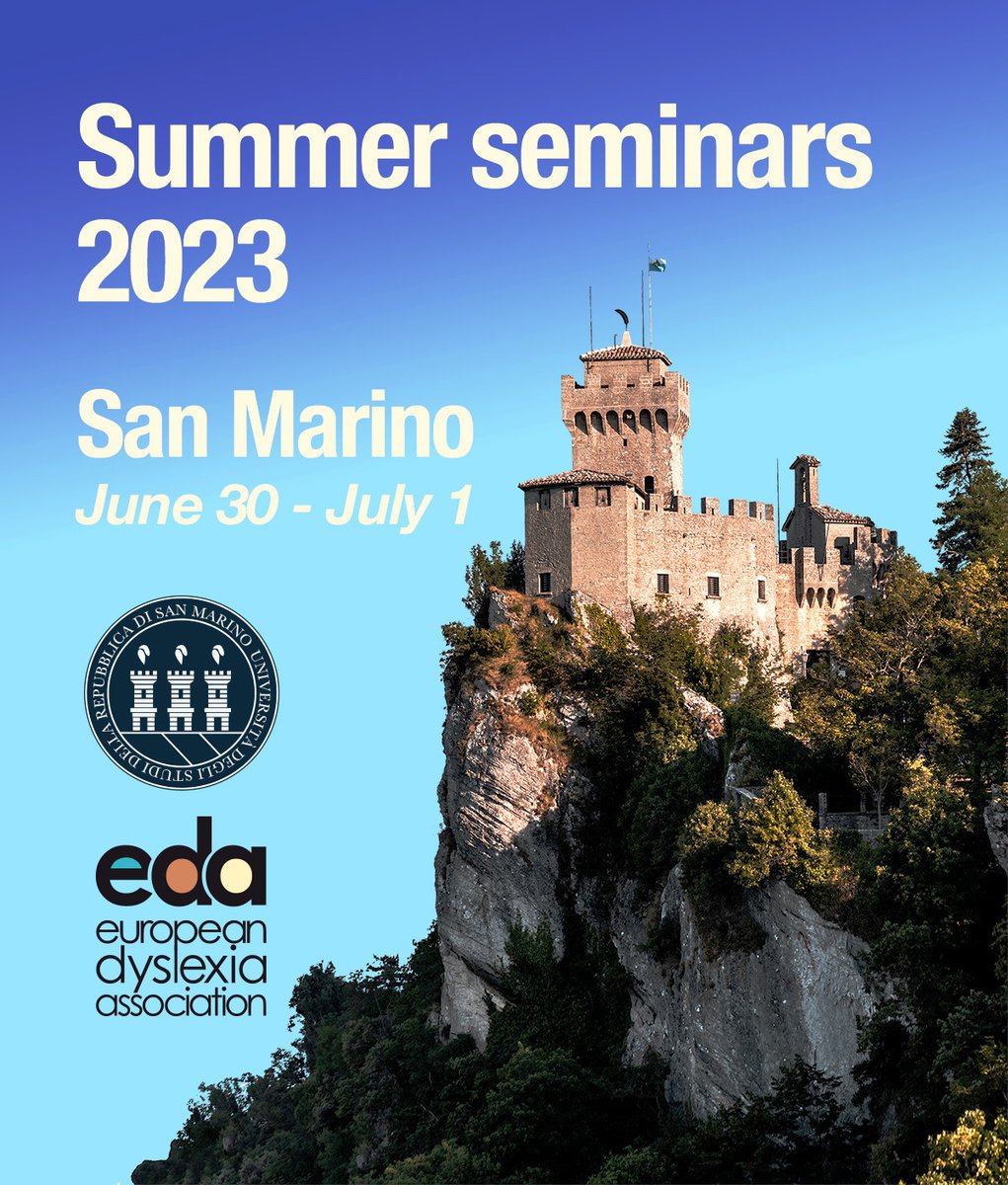 EDAdyslexia's tweet photo. We are delighted to announce the keynotes for our Summer Seminars in San Marino: 
- Alessandro Antonietti &amp; Alice Cancer, Italy
- Ruth Falzon, Malta
- David McLoughlin, England
- Silvia Paracchini, Scotland
- John Rack, Sweden
https://t.co/FWv33E3R0p https://t.co/8dLS1N2Dj6
