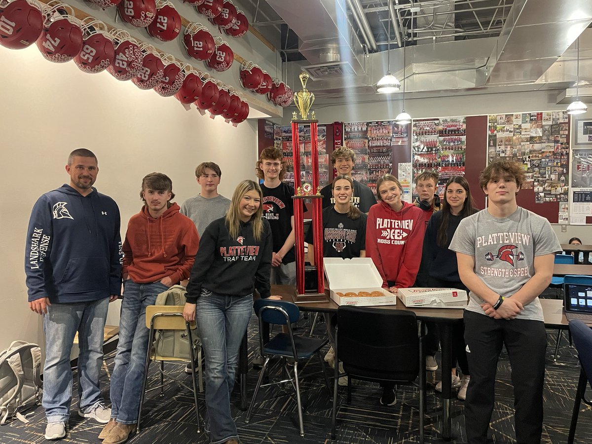 PlatteviewStuco's tweet photo. Presenting the Inaugural Champions of Student Council’s Advisory Madness Competition. Coach Mac and his crew will try and defend their title and keep the traveling trophy in 2024!  Also congrats to Dutcher, Zeleny, and Bos for making the Final 4. https://t.co/dxPQcYy9Um
