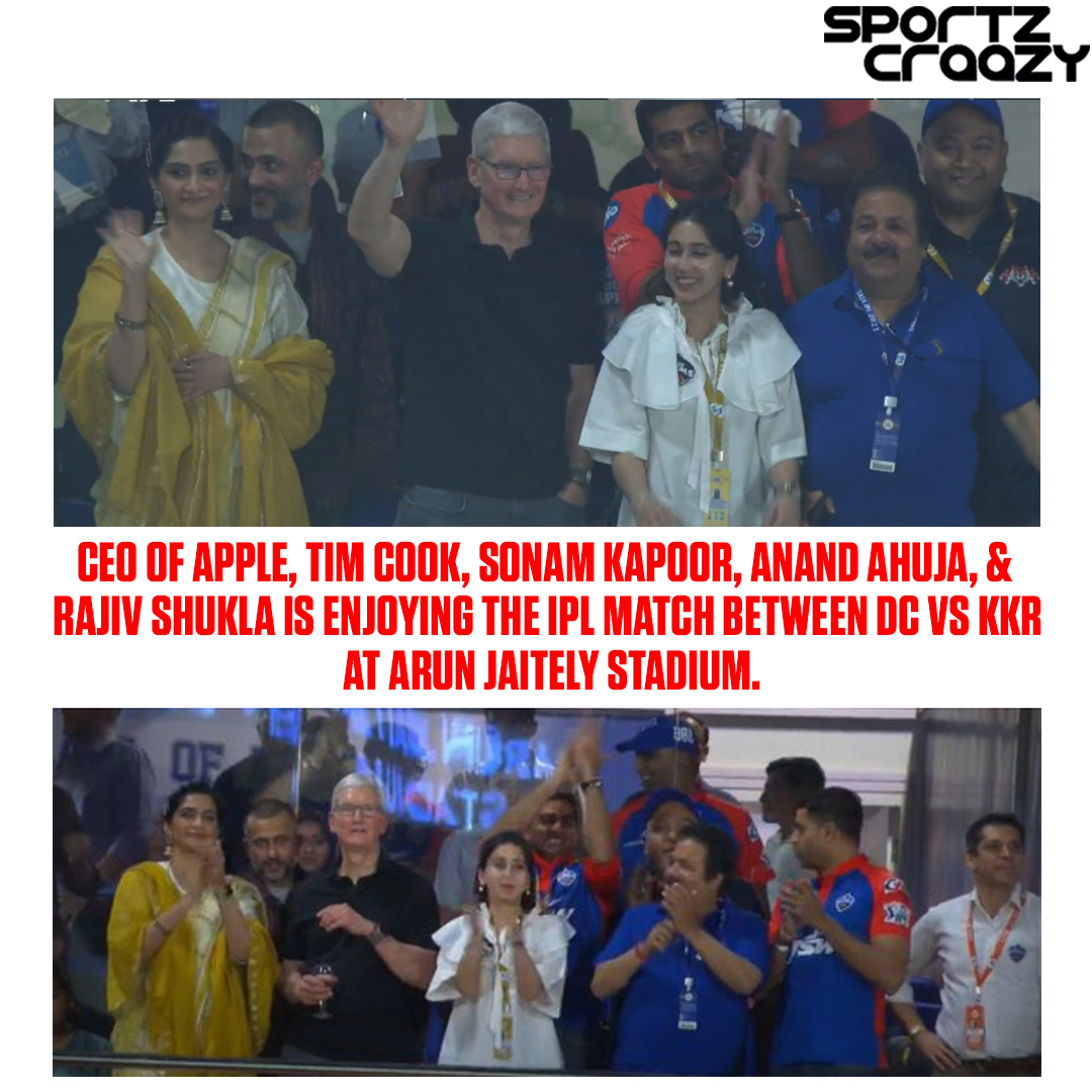 sportzcraazy's tweet photo. Apple CEO Tim Cook and Sonam Kapoor are in the stands.
📷: Jio Cinema

#IPL2023 #TATAIPL2023 #Cricket #dcvkkr #kkrvdc #KolkataKnightRiders #DelhiCapitals #timccok #rajivshukla #sonamkapoor #AnandAhuja #matchdat #arjunjaitelystadium #comment https://t.co/73cavtVYFz