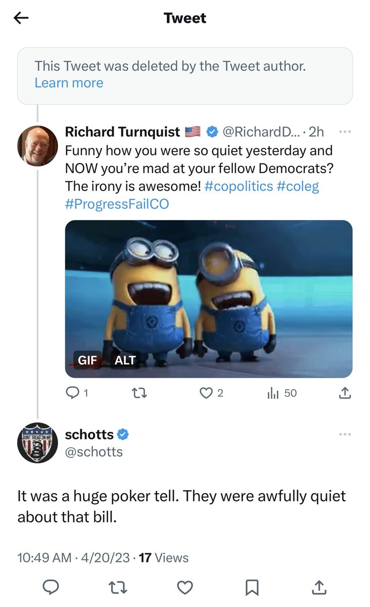 RichardDaleT's tweet photo. And they deleted the original tweet. I’ll take that as an admission that they were told to keep quiet yesterday by @GovofCO. #copolitics #coleg #ProgressFailCO https://t.co/Mi9WPu06AF