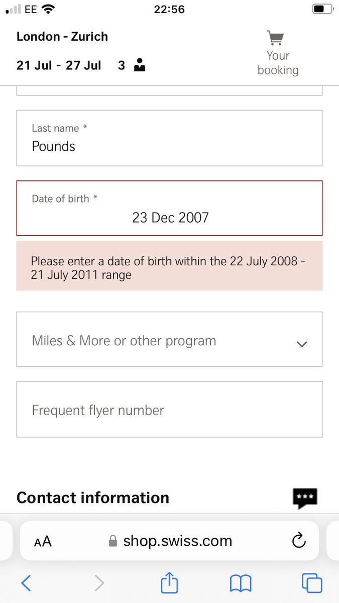 AnnaPounds's tweet photo. @FlySWISS If only! Still can't enter a date of birth for a young adult and therefore can't book. I am asking if it will cause me issues at the airport if I book them as adults. https://t.co/TGSFtGxs8a
