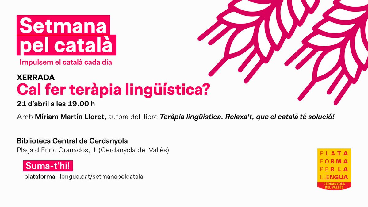 👩‍⚕️ Recordeu que demà tenim cita amb la nostra terapeuta lingüística a les 19 h a la <a href="/bibcerdanyola/">Biblioteca Central de Cerdanyola</a>.

🗣 Vine a parlar amb la <a href="/mirmalloret/">Míriam Martín Lloret</a> sobre quina solució té el català!

#SetmanapelCatalà