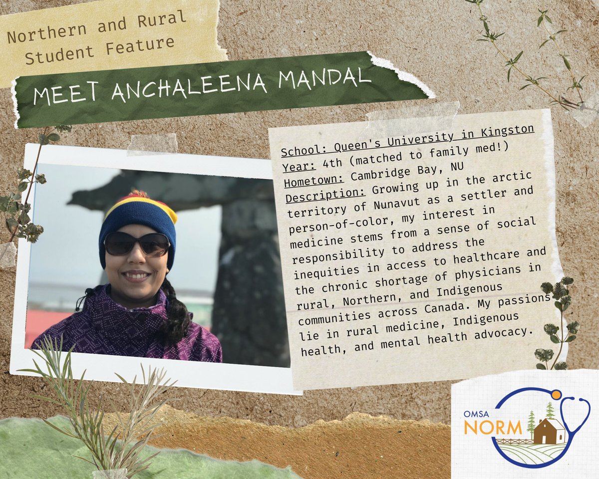 norm_omsa's tweet photo. Our next Northern and Rural Student Feature of 2023 is 4th year Queen's student Anchaleena Mandal!
If you are a medical student who has had a Northern/rural learning experience please consider filling out the Google Form to be featured in our next post! https://t.co/IA1xmwefFE https://t.co/96sS8sznvk