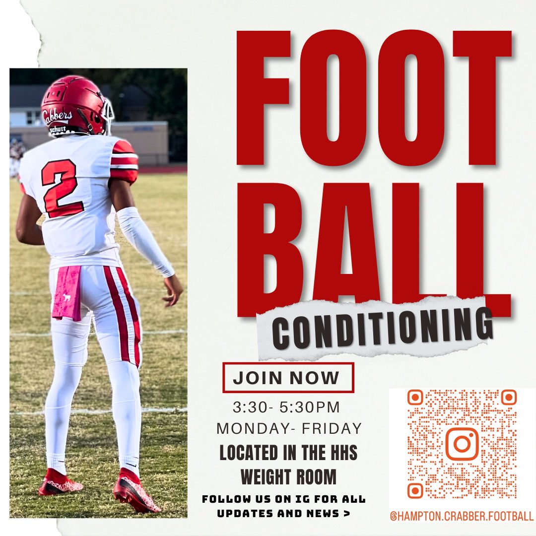 HHSCrabberFB's tweet photo. Attention all parents and students interested in joining the Hampton Crabber Football Familv - Please join us for training/conditioning and lifting, Monday- Friday from 3:30-5:30 pm in the Hampton High School Weight Room. 7th and 8th-grade students are welcome. https://t.co/bVdAOB26hh