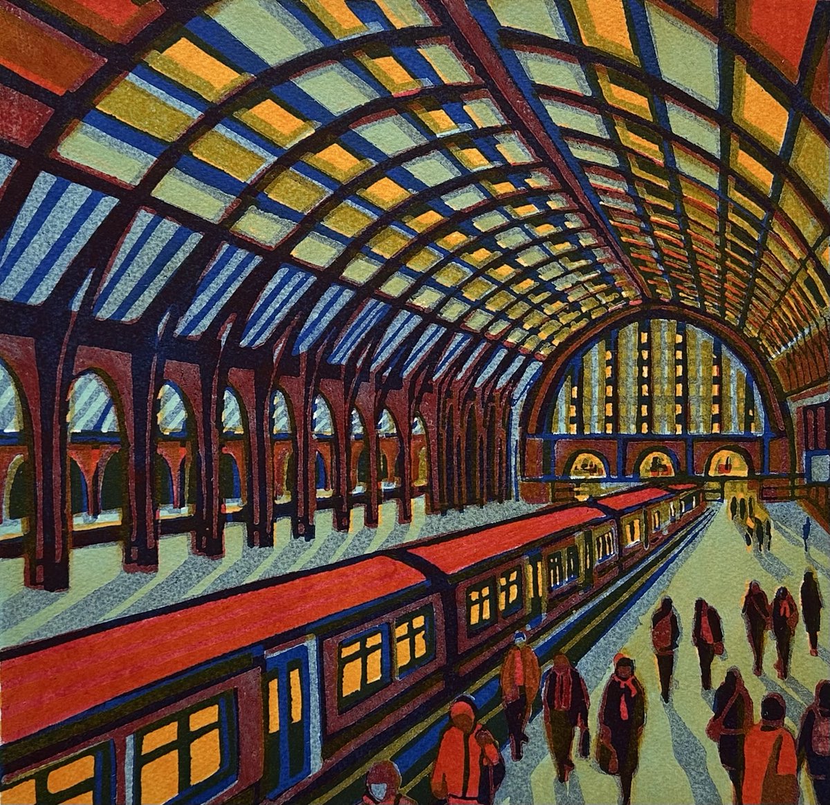 One of the trial proofs of my linocut ‘New Day Dawning’….
#KingsCrossStation #linocut #trainart