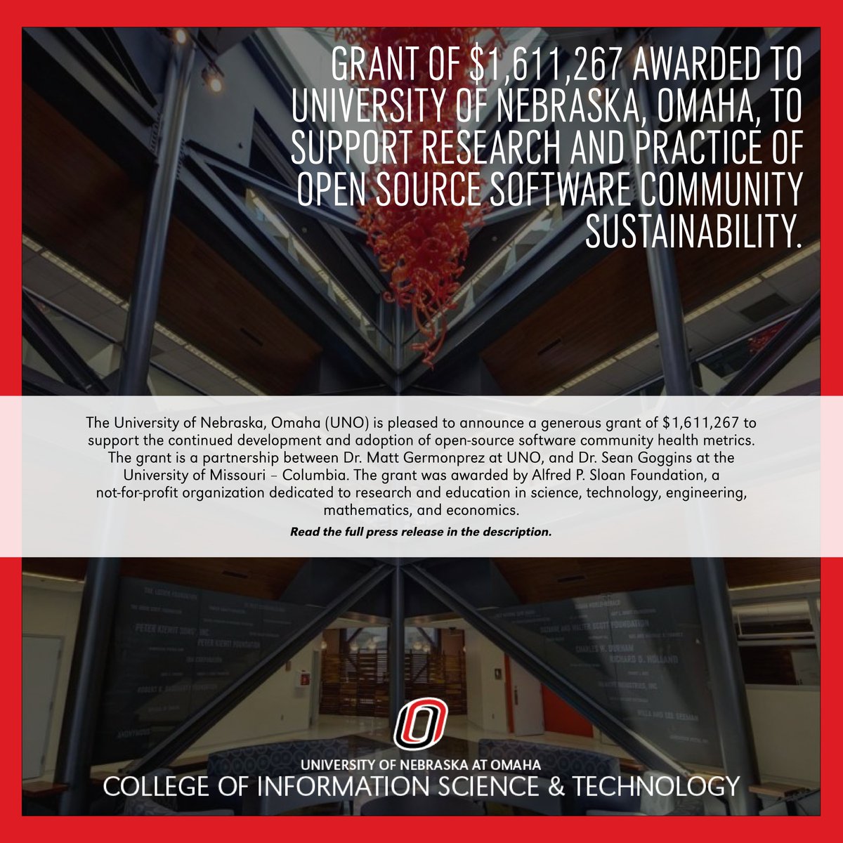 unocist's tweet photo. Exciting news! A $1.6M grant from the @SloanFoundation has been awarded to @UNOmaha, supporting research &amp; practice for #OpenSource software community sustainability! This partnership will help develop vital tools &amp; methods for measuring community health. #UNO https://t.co/mrIaUMklmt